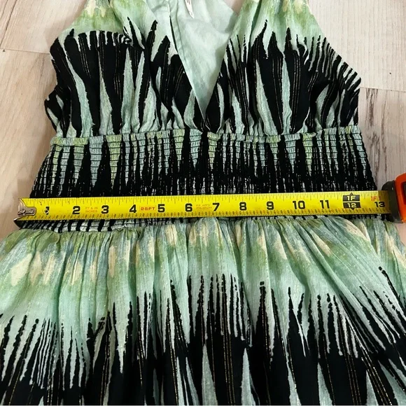 Free People XS Boho Halter Mini Dress Green Abstract Print Smocked Waist - Picture 4 of 15